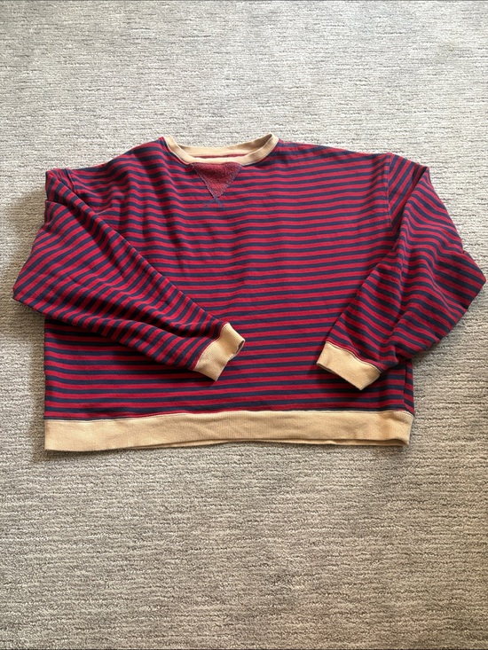 We The Free Tops - We The Free Red and Navy Striped Crewneck Sweater with Tan Trim